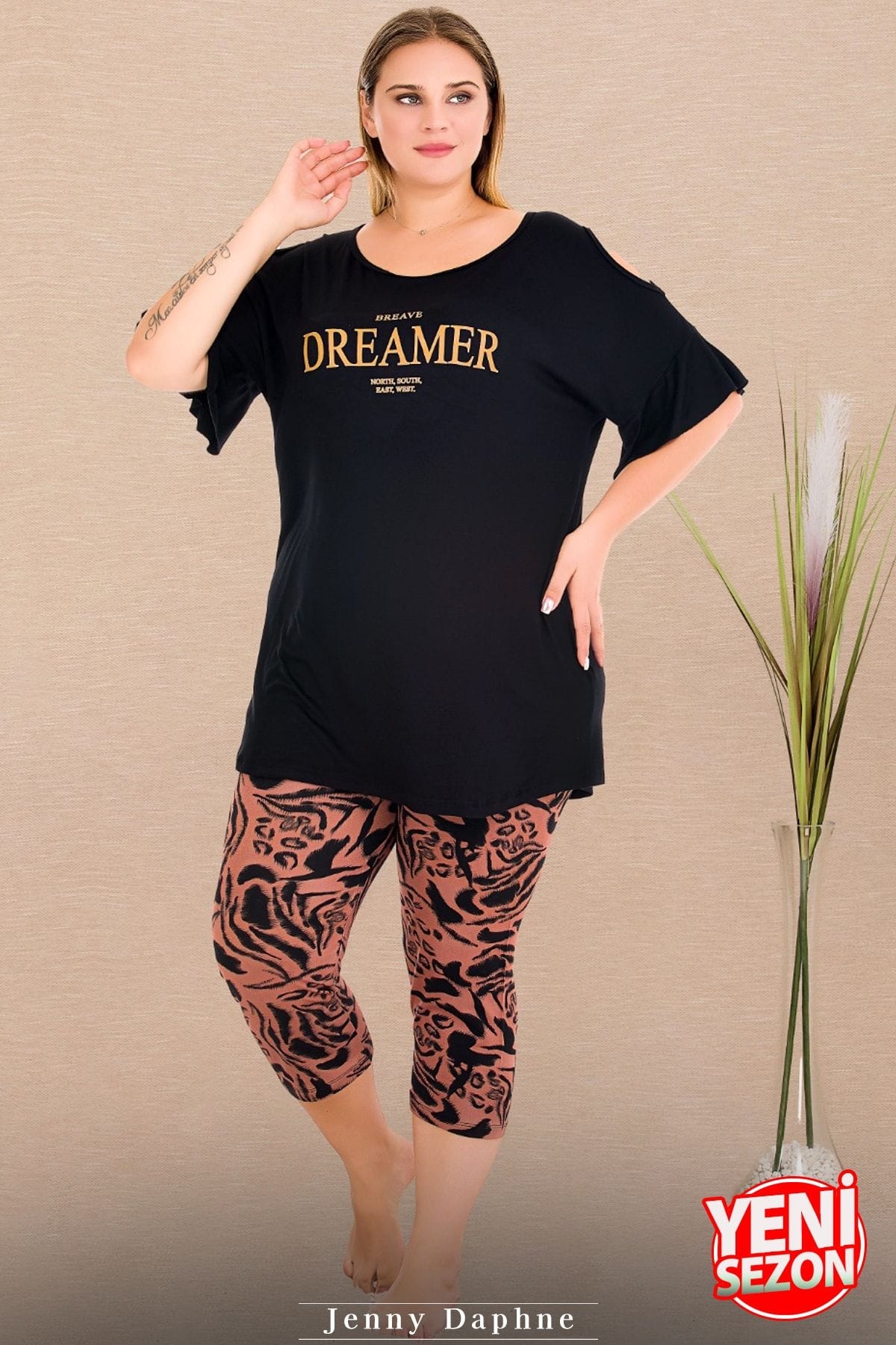 Desenli Kısa Kollu Kapri Pijama Takımı Lady 10733 - Siyah