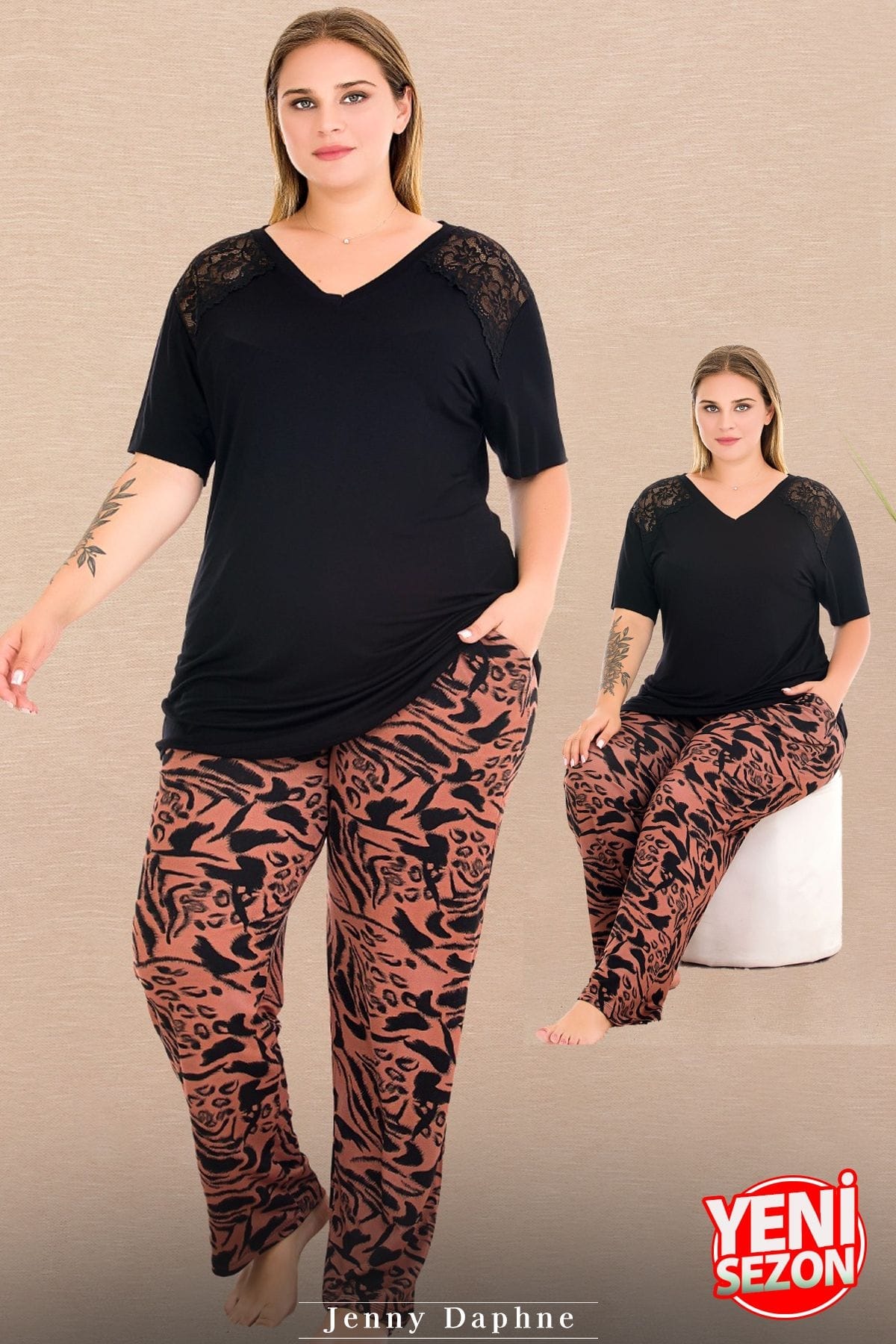 Dantelli V Yaka Kısa Kollu Büyük Beden Pijama Takımı Lady 11017 - Siyah