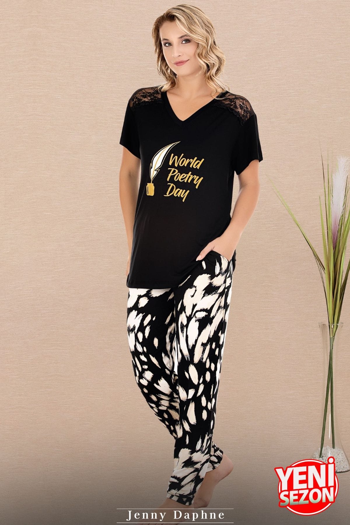 Dantel Detaylı V Yaka Kısa Kollu Pijama Takımı Lady 12589 - Siyah