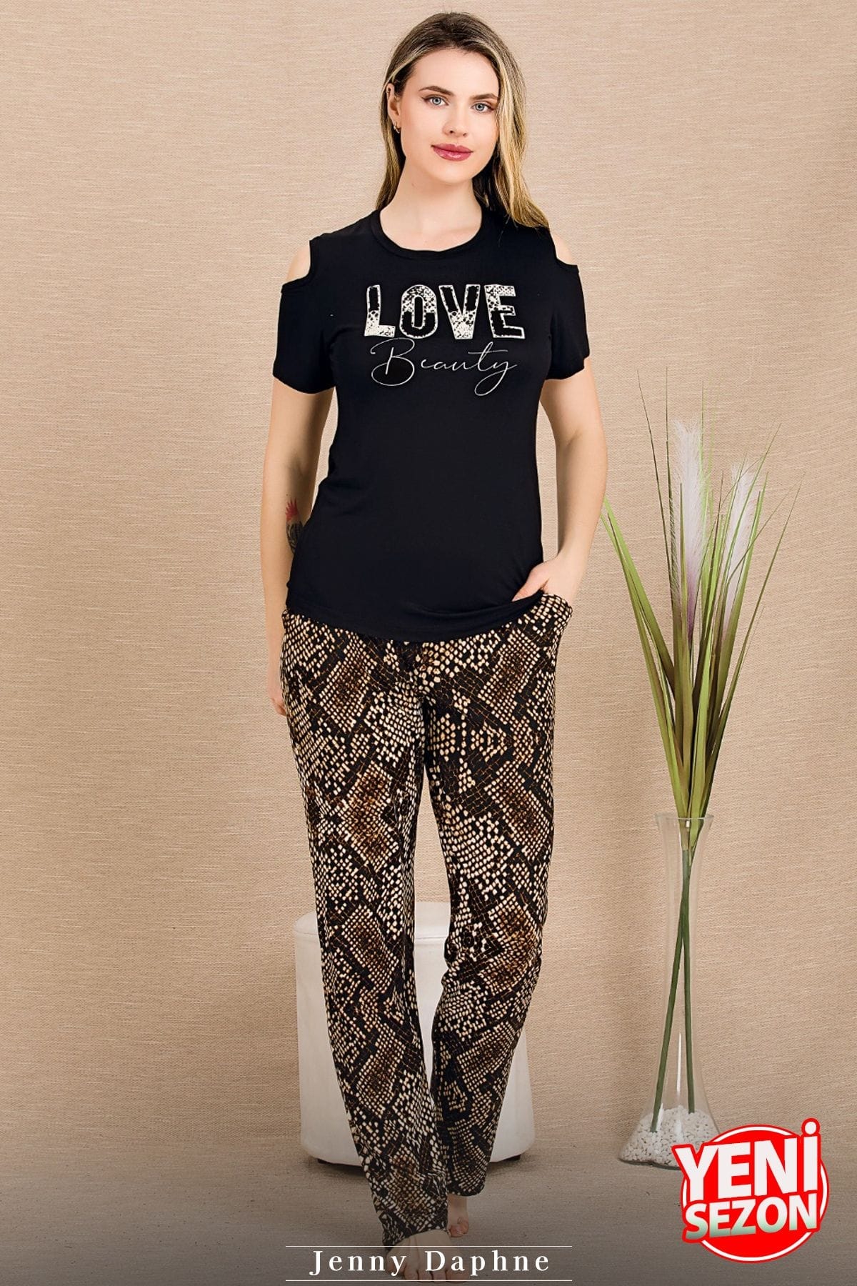 Kısa Kollu Desenli Pijama Takımı Lady 12664 - Siyah