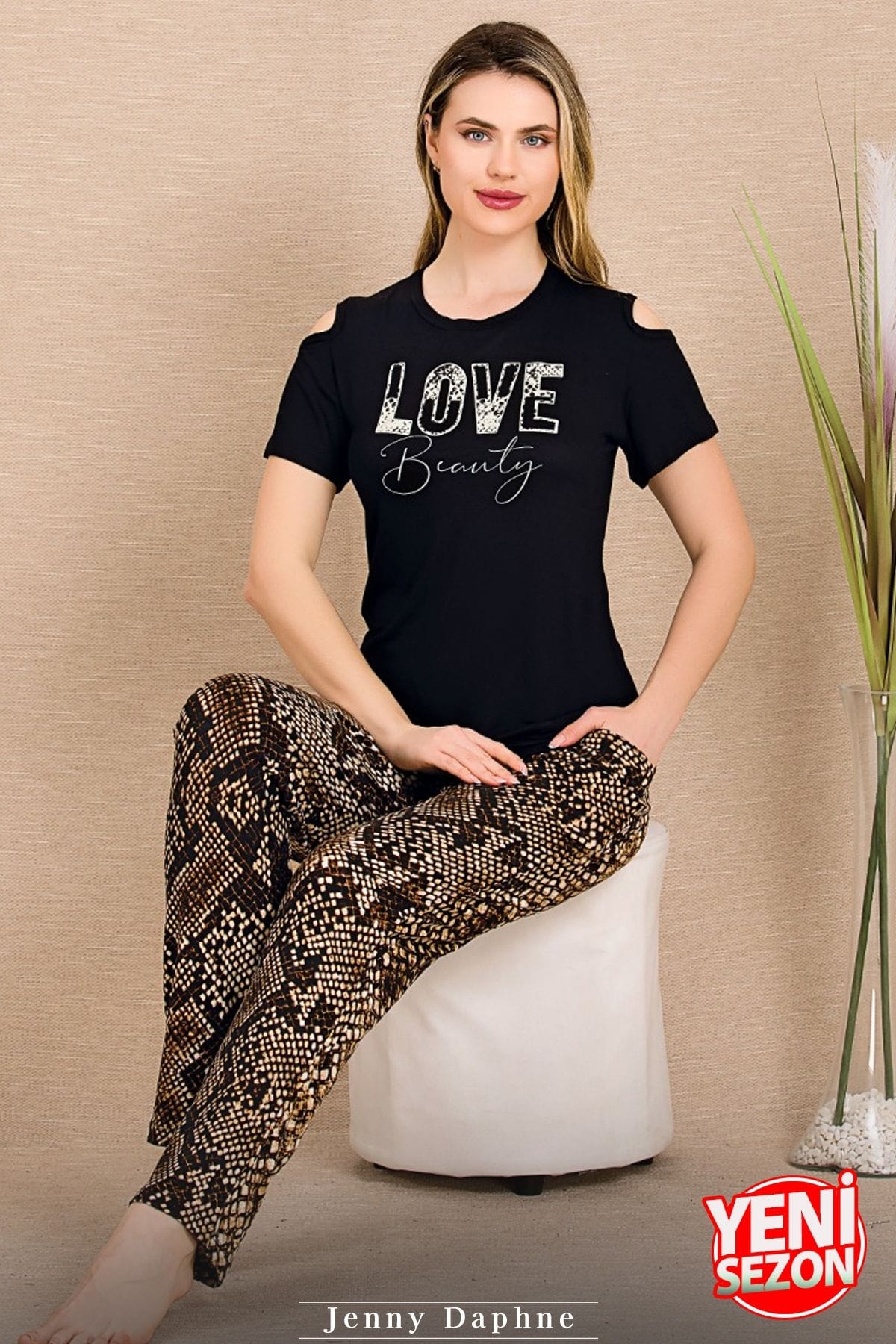 Kısa Kollu Desenli Pijama Takımı Lady 12664 - Siyah