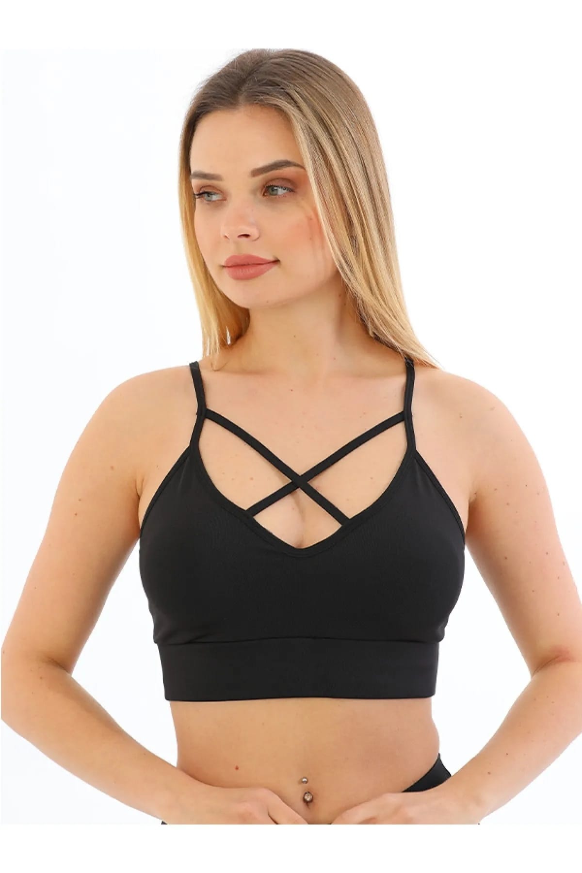 Pamuklu Pedli Spor Büstiyer Crop Form Form Angel 5800 - Siyah