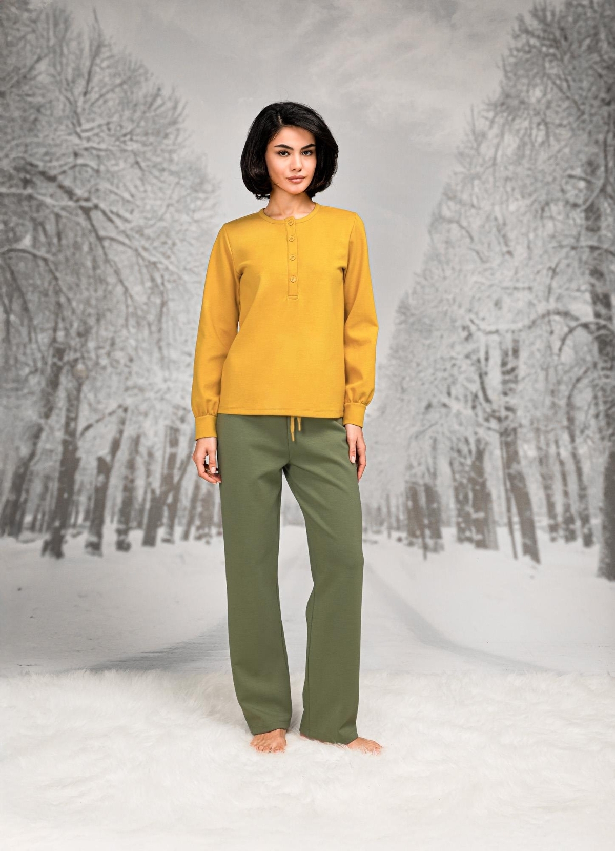 Önden Düğmeli Lila Yuvarlak Yaka Kadın Pijama Takımı Doreanse 26K4091 - Yeşil