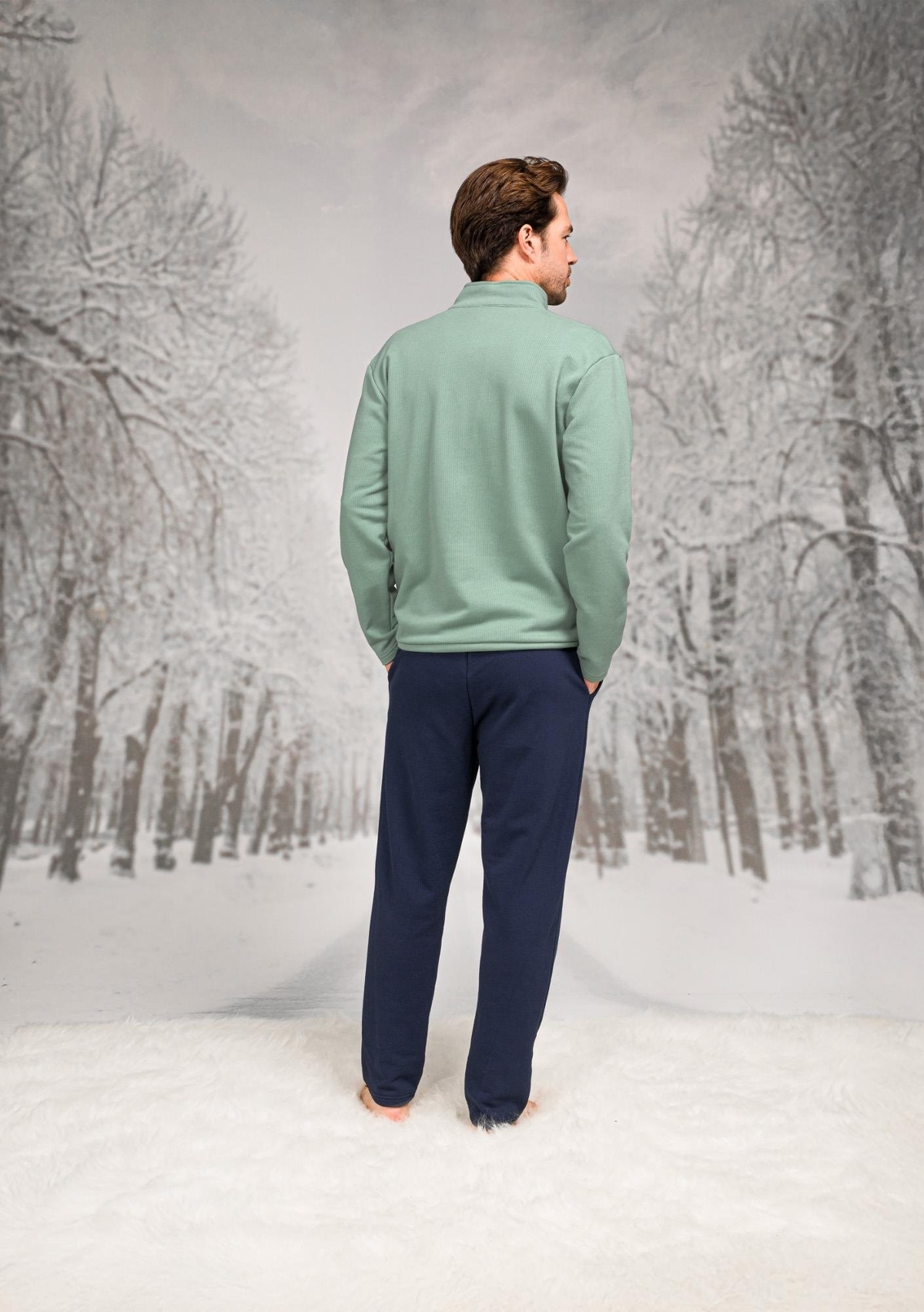 Önden Fermuarlı Dik Yaka Cepli Erkek Pijama Takım Pamuklu Doreanse 26K4596 - Yeşil