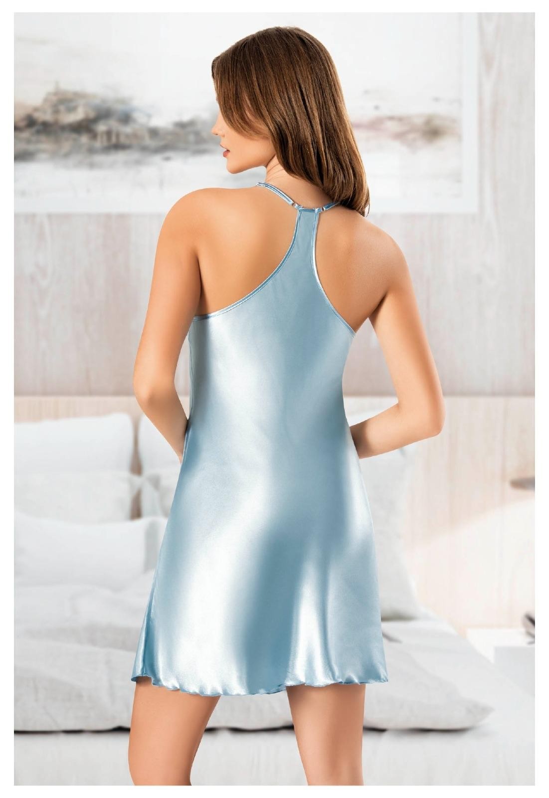 Önden Yırtmaçlı Göğüs Dekolteli Kısa Saten Gecelik Miss Laris 2113 - Mavi