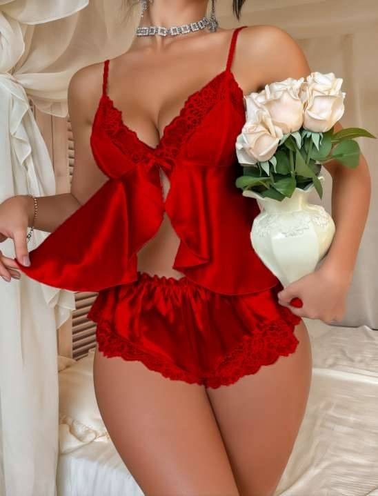Önü Açık Kırmızı Dantelli Saten Şort Takım Real Passione 1110 - Kırmızı