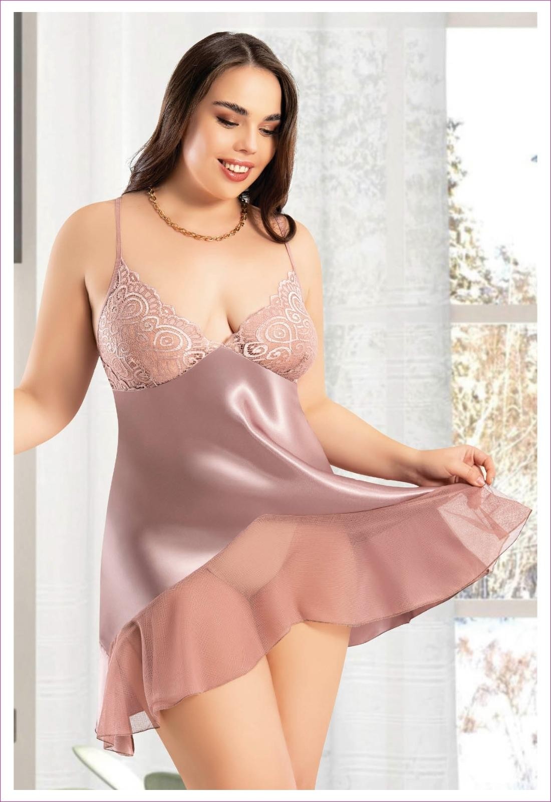 Asimetrik Kesim Saten Gecelik Büyük Beden Gri Miss Laris 4046 - Vizon