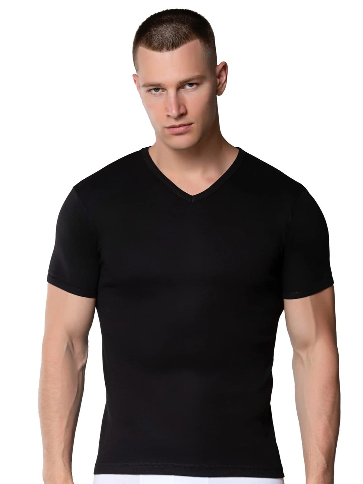 Pamuklu Siyah V Yaka Kısa Kollu Erkek Atlet Fanila Gümüş 4051 - Siyah