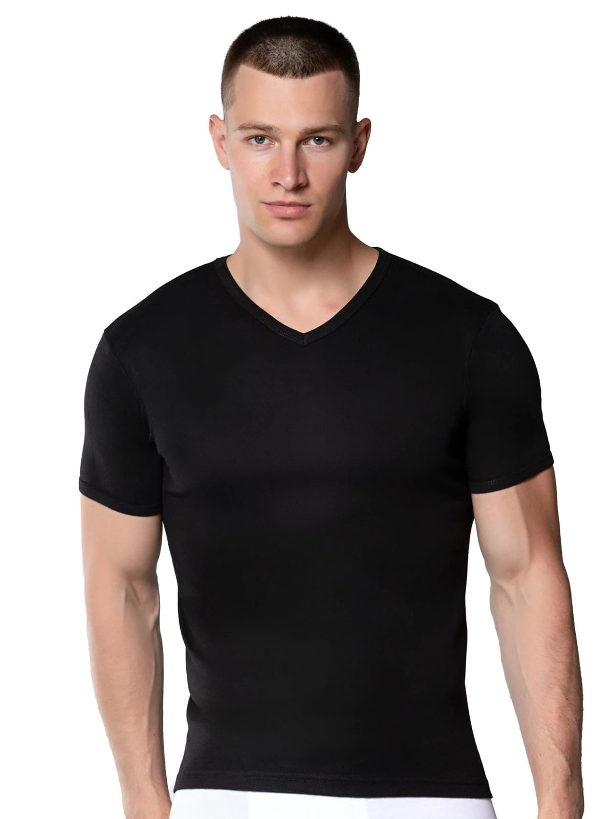 Pamuklu Siyah V Yaka Kısa Kollu Erkek Atlet Fanila Gümüş 4051 - Siyah