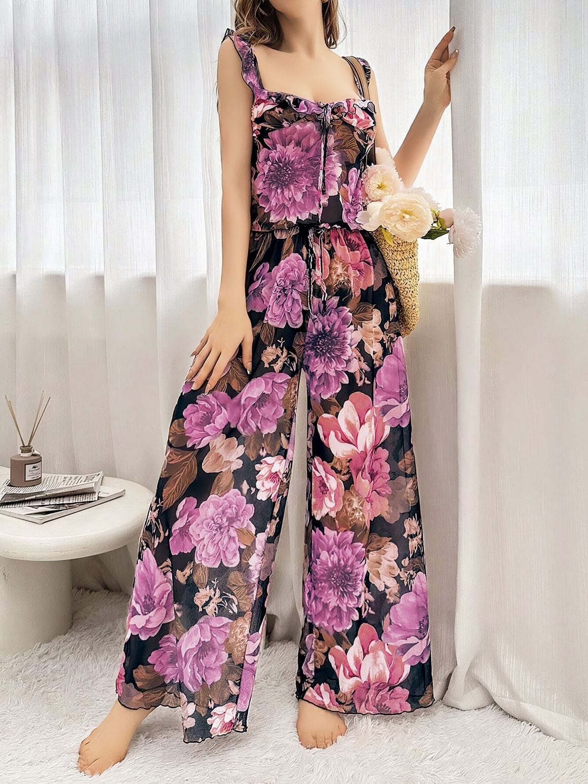 Pembe Çiçek Desenli Siyah Asklı Bluz Pantolon Takım Pink Night 1458 - Siyah