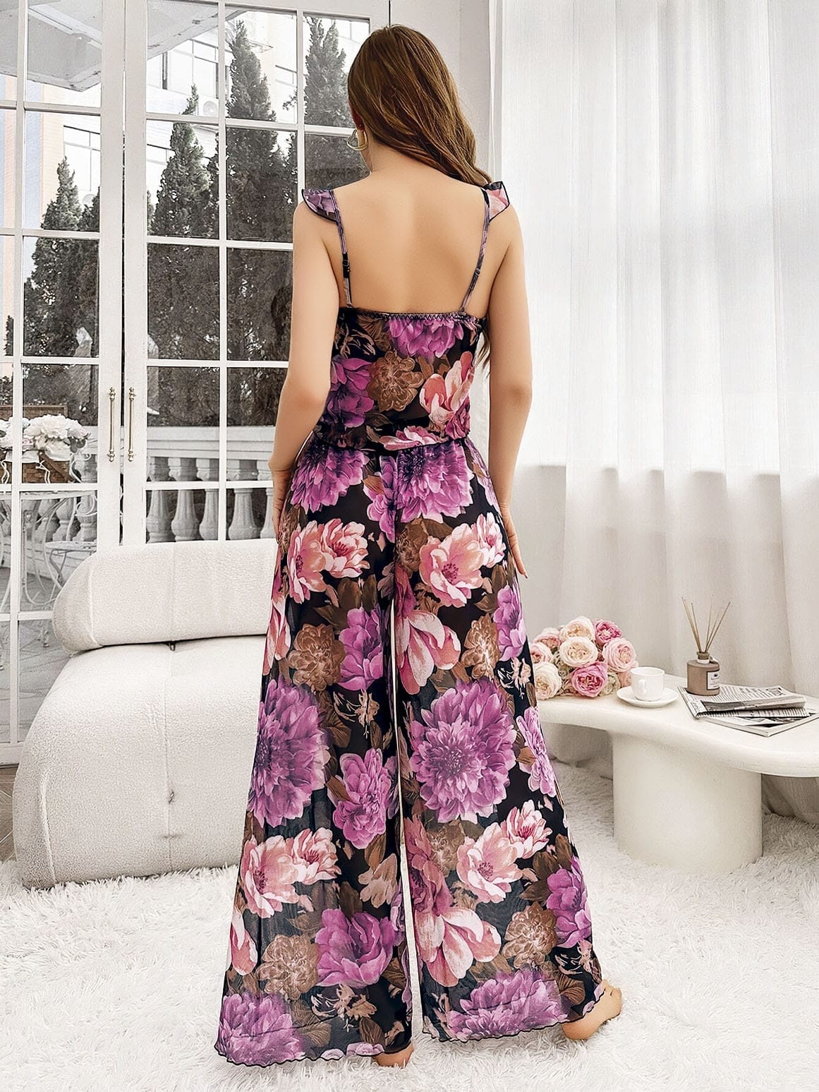 Pembe Çiçek Desenli Siyah Asklı Bluz Pantolon Takım Pink Night 1458 - Siyah