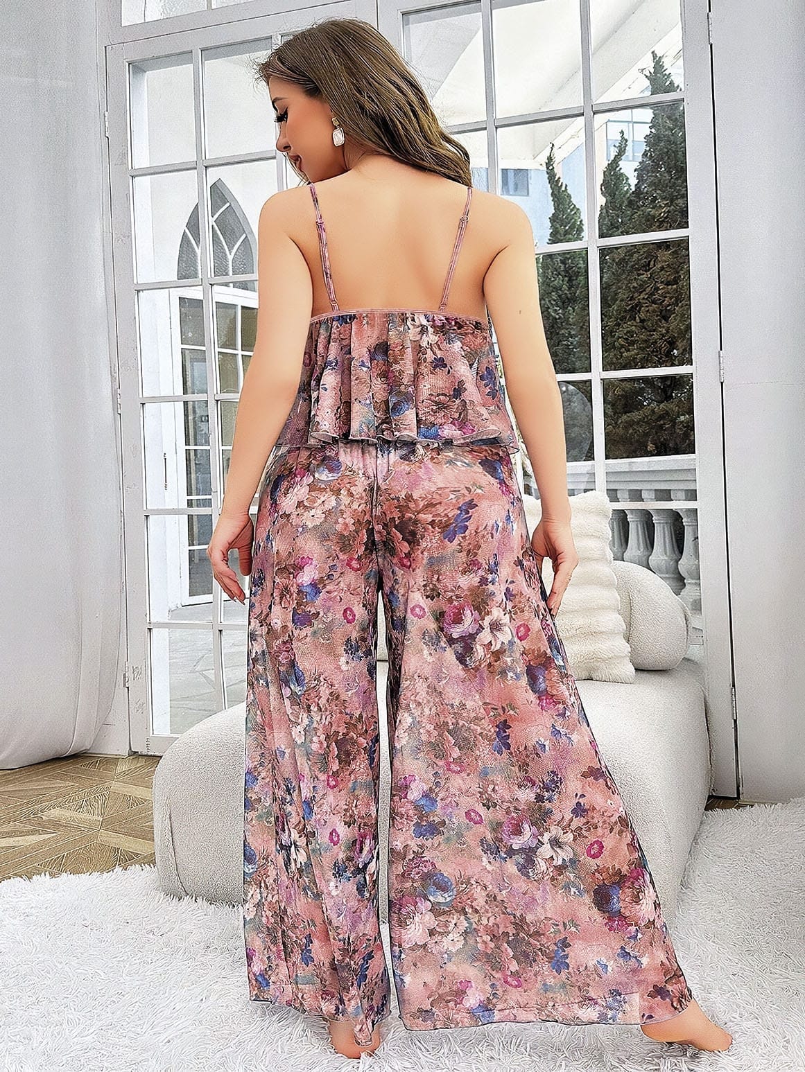 Büyük Beden Pembe Çiçekli Bluz Pantolon Takım Pink Night 6955 - Pembe