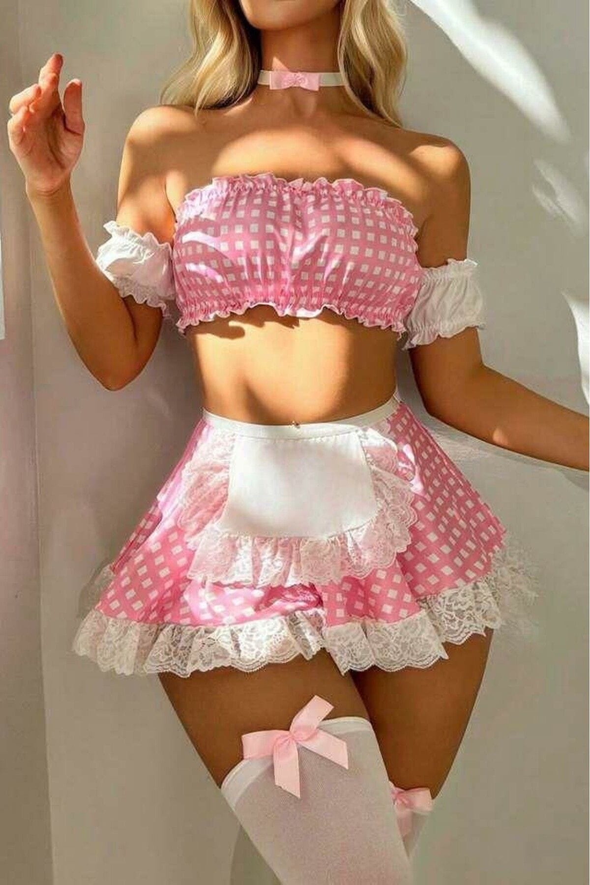 Dantel Detaylı Mini Hizmetçi Kostümü Nathalie 1004 - Pembe