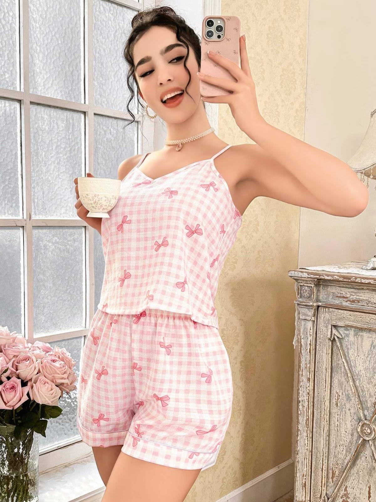 Pamuklu Leopar Desenli Askılı Pijama Şort Takımı Lily Bianca 13114 - Pembe