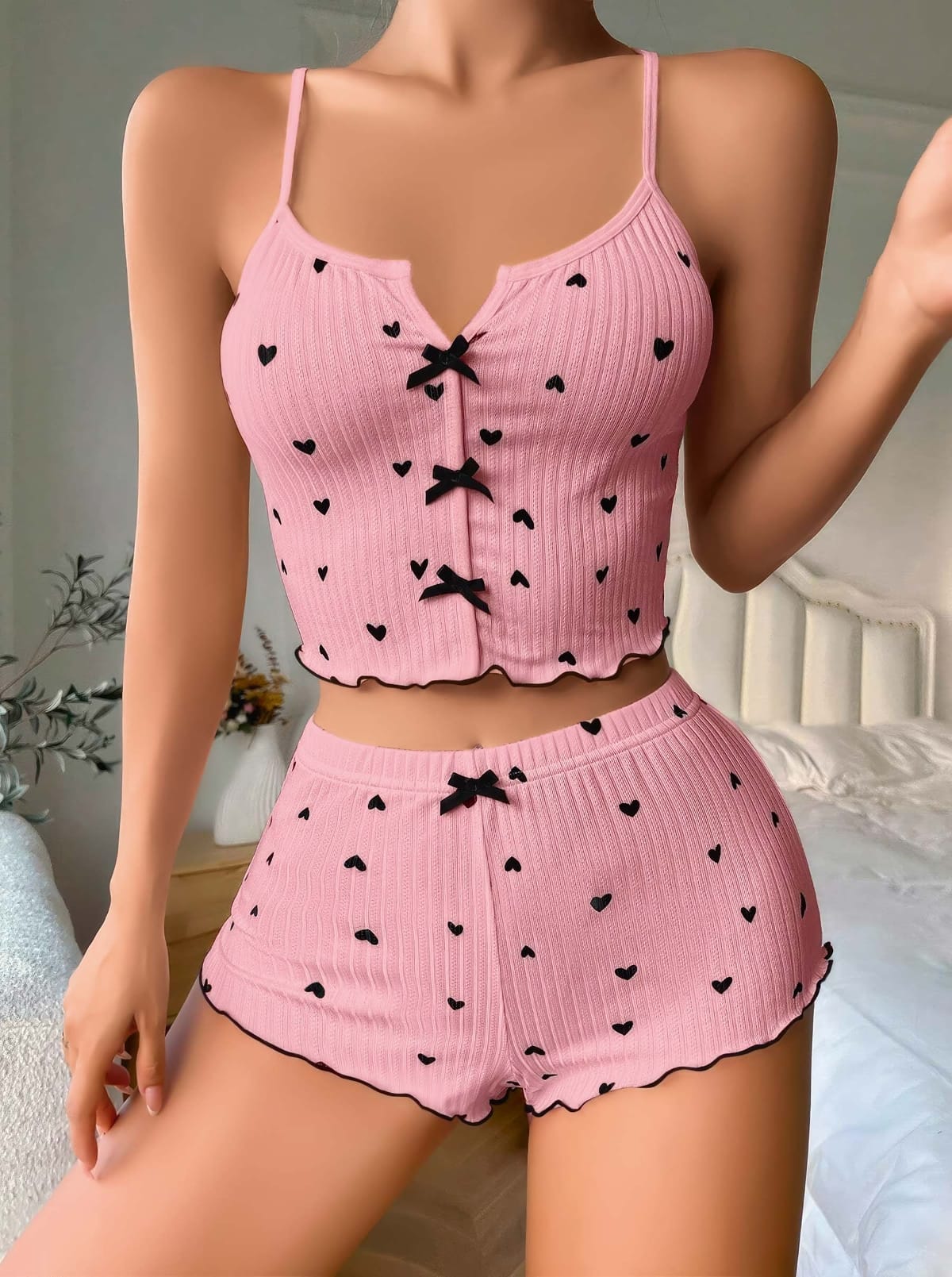 Lily Bianca Pembe Dantel Detaylı Askılı Şort Takım Lily Bianca 13016