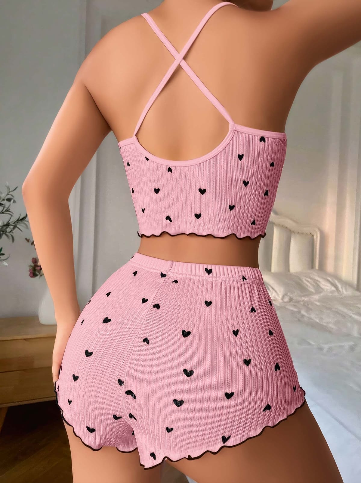 Lily Bianca Pembe Dantel Detaylı Askılı Şort Takım Lily Bianca 13016 - Görsel 4