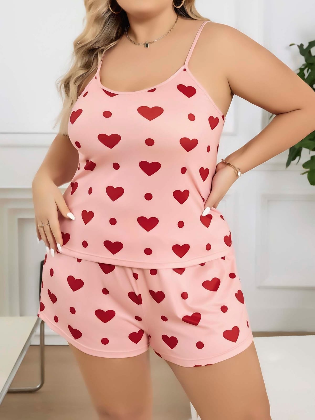 Kalpli Desenli Büyük Beden Şort Pijama Takımı Lily Bianca 13072 - Pembe