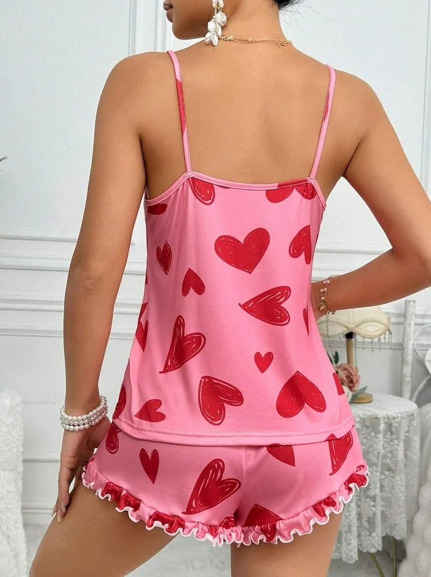 Kalp Desenli Pembe Şortlu Pijama Takımı Ruselin 5050 - Pembe