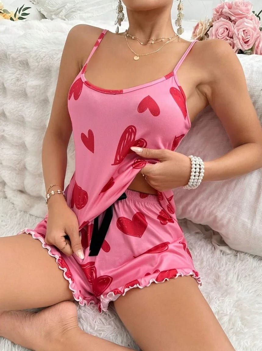 Kalp Desenli Pembe Şortlu Pijama Takımı Ruselin 5050 - Pembe
