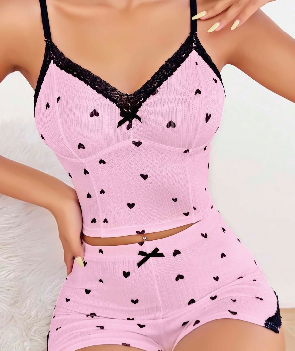 Leopar Desenli Dantel Detaylı Askılı Şort Takım Lily Bianca 13006 - Pembe