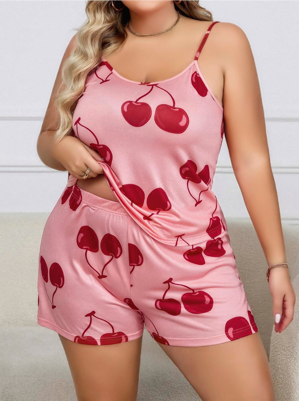 Leopar Desenli Büyük Beden Askılı Şort Pijama Takımı Lily Bianca 13074 - Pembe