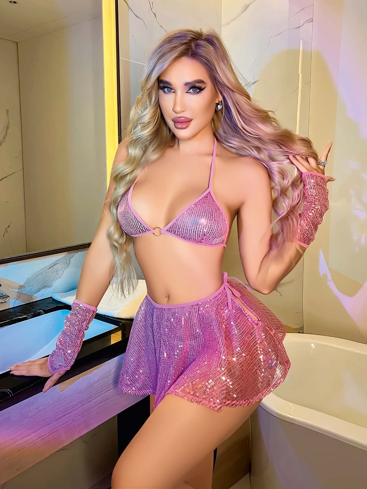 Parlak Leopar Dantel Detaylı Sütyen Etek Takım Jesica Bella 15014 - Pembe