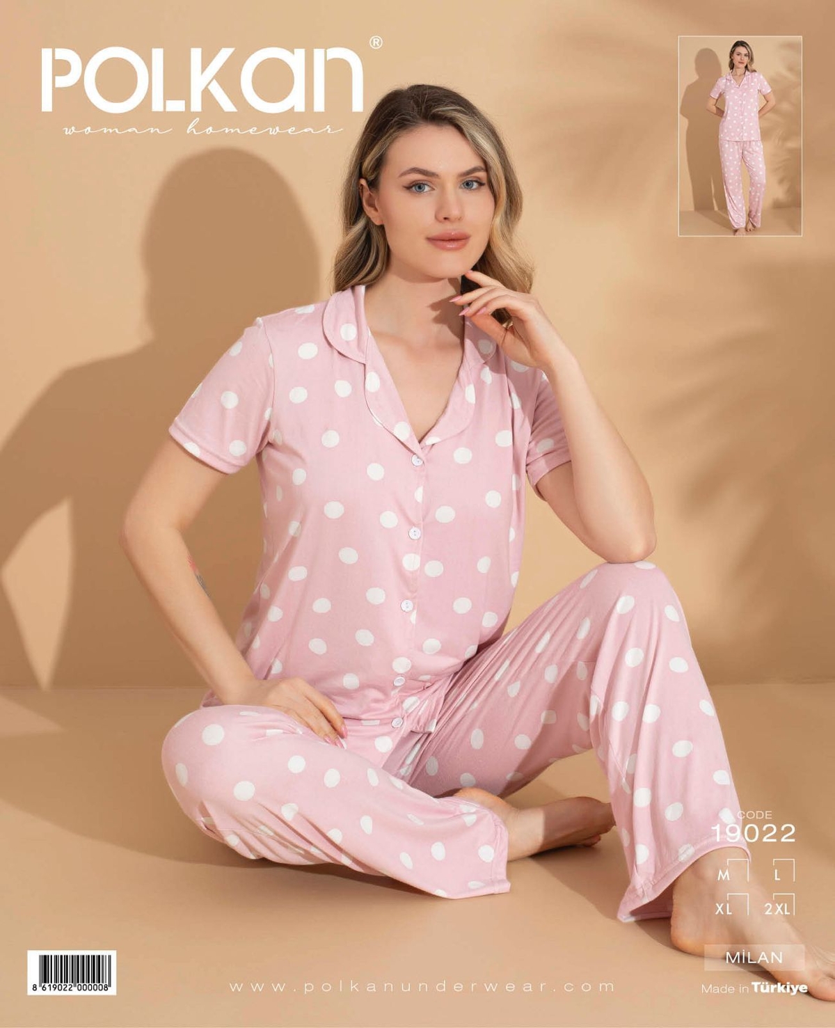 Pembe Viskon Puantiyeli Kısa Kollu Pijama Takımı Polkan 19022 - Pembe