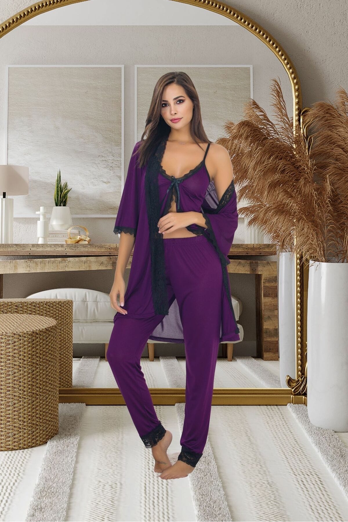 Mor Dantelli Kadın Pijama Sabahlık Takımı İzabel 5012 - Mor