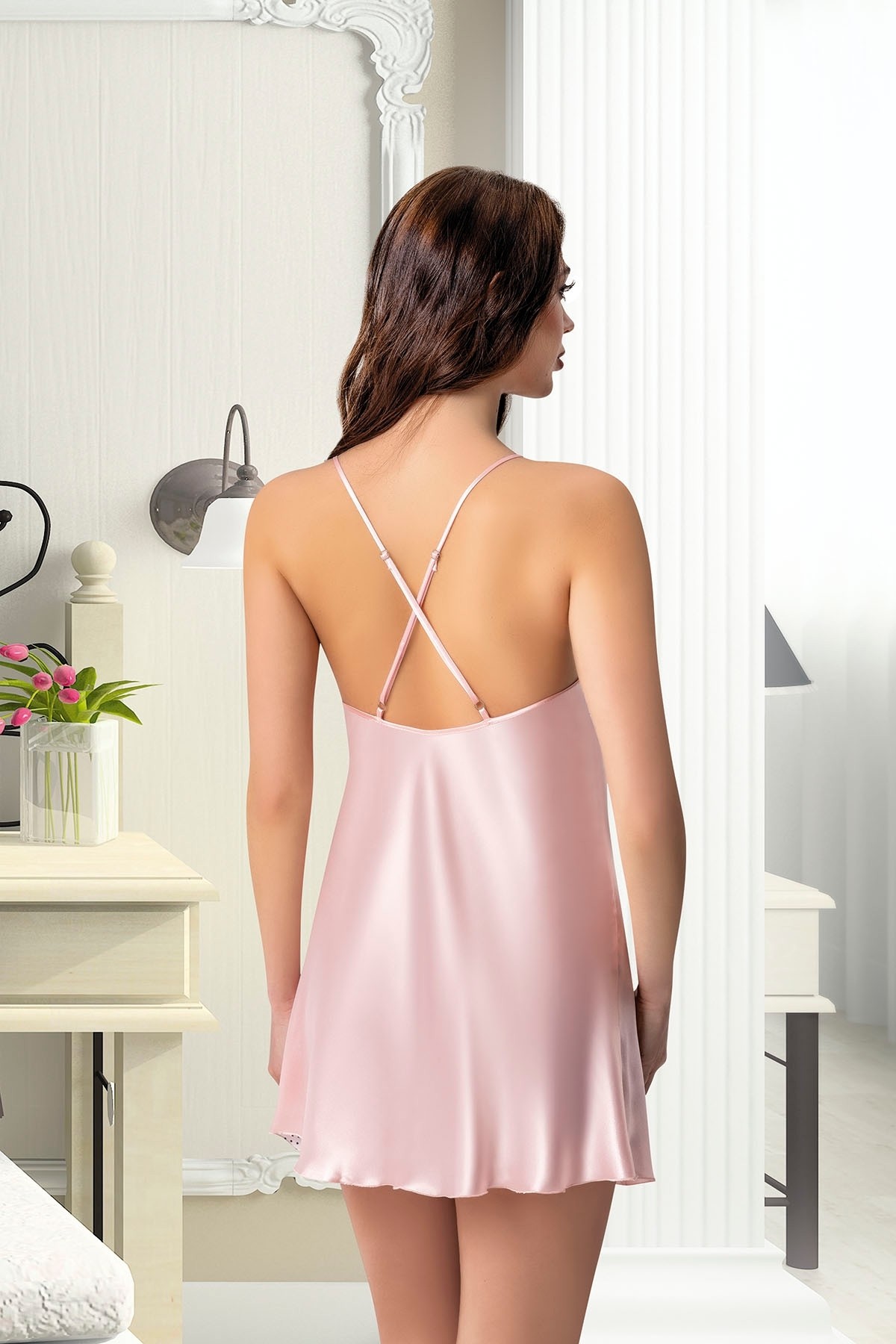 Puantiyeli Çiçekli İnce Askılı Kısa Gecelik Pink Night 3961 - Pembe
