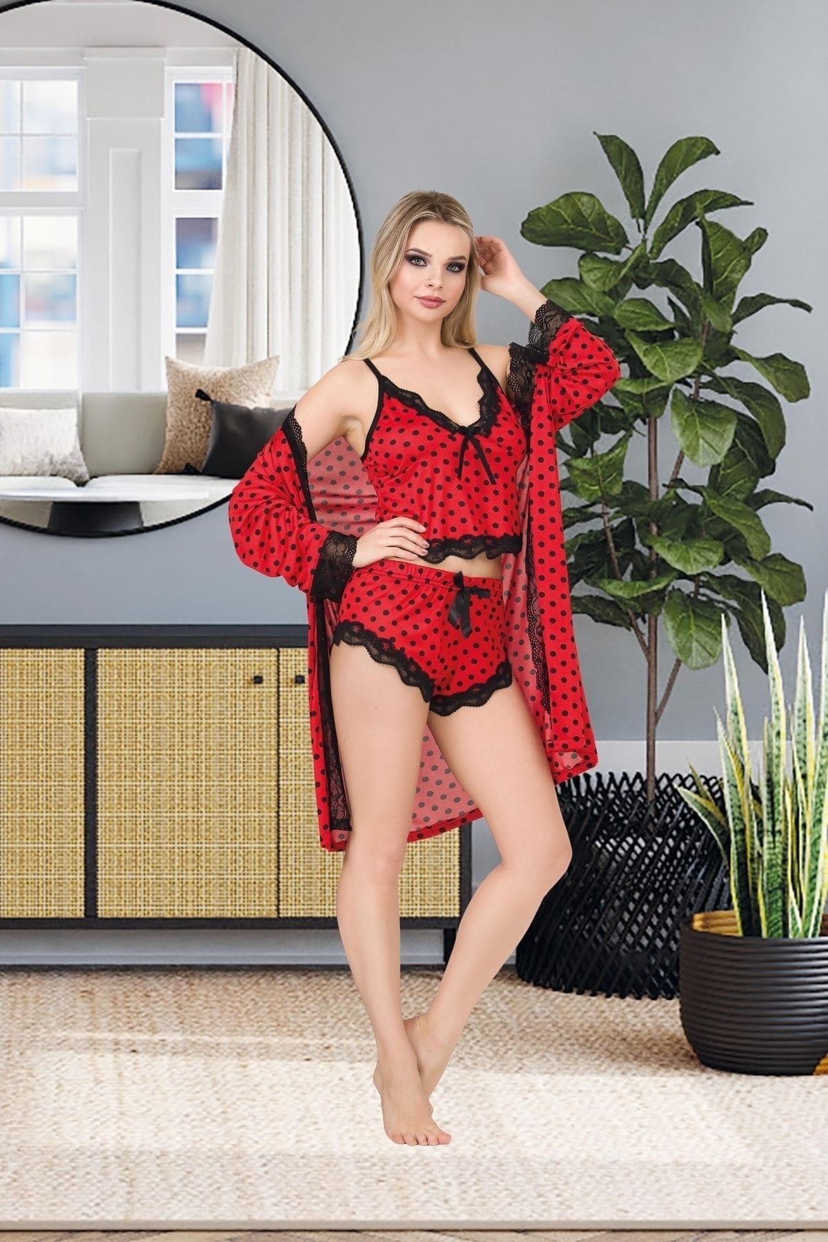 Puantiyeli Dantelli Şort Atlet Sabahlık Takım İzabel 8008 - Kırmızı