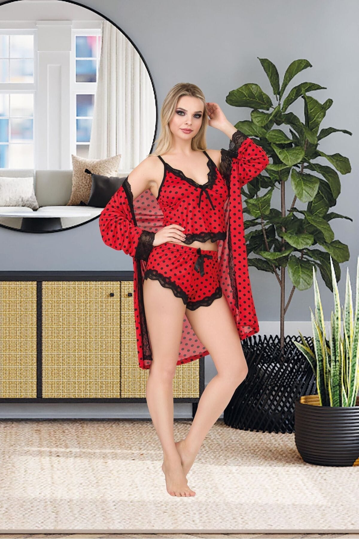 Puantiyeli Dantelli Şortlu Sabahlık Takım İzabel 8009 - Kırmızı