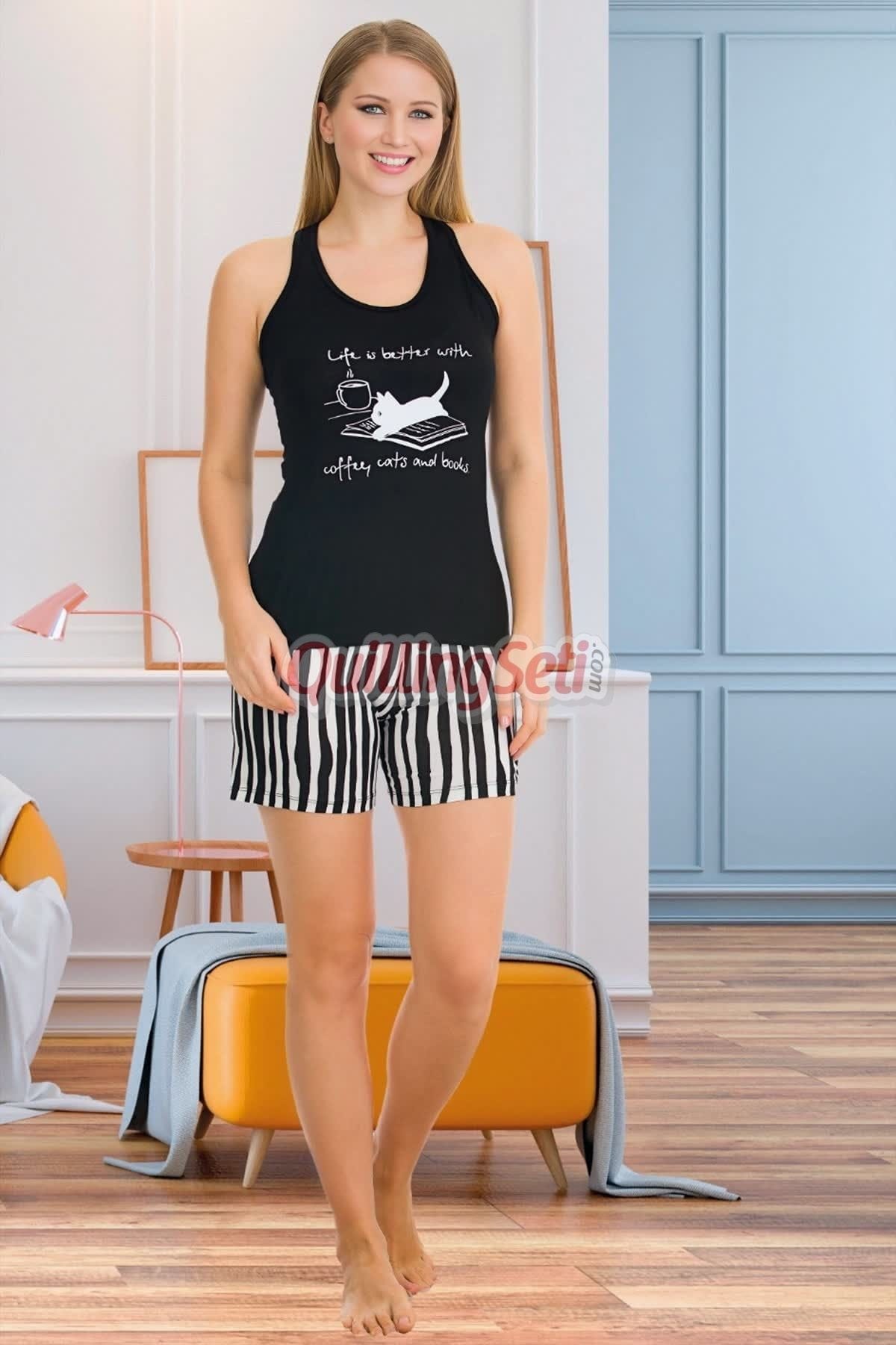 Çizgili Kedili Şortlu Pijama Takımı Lady 7724 - Siyah