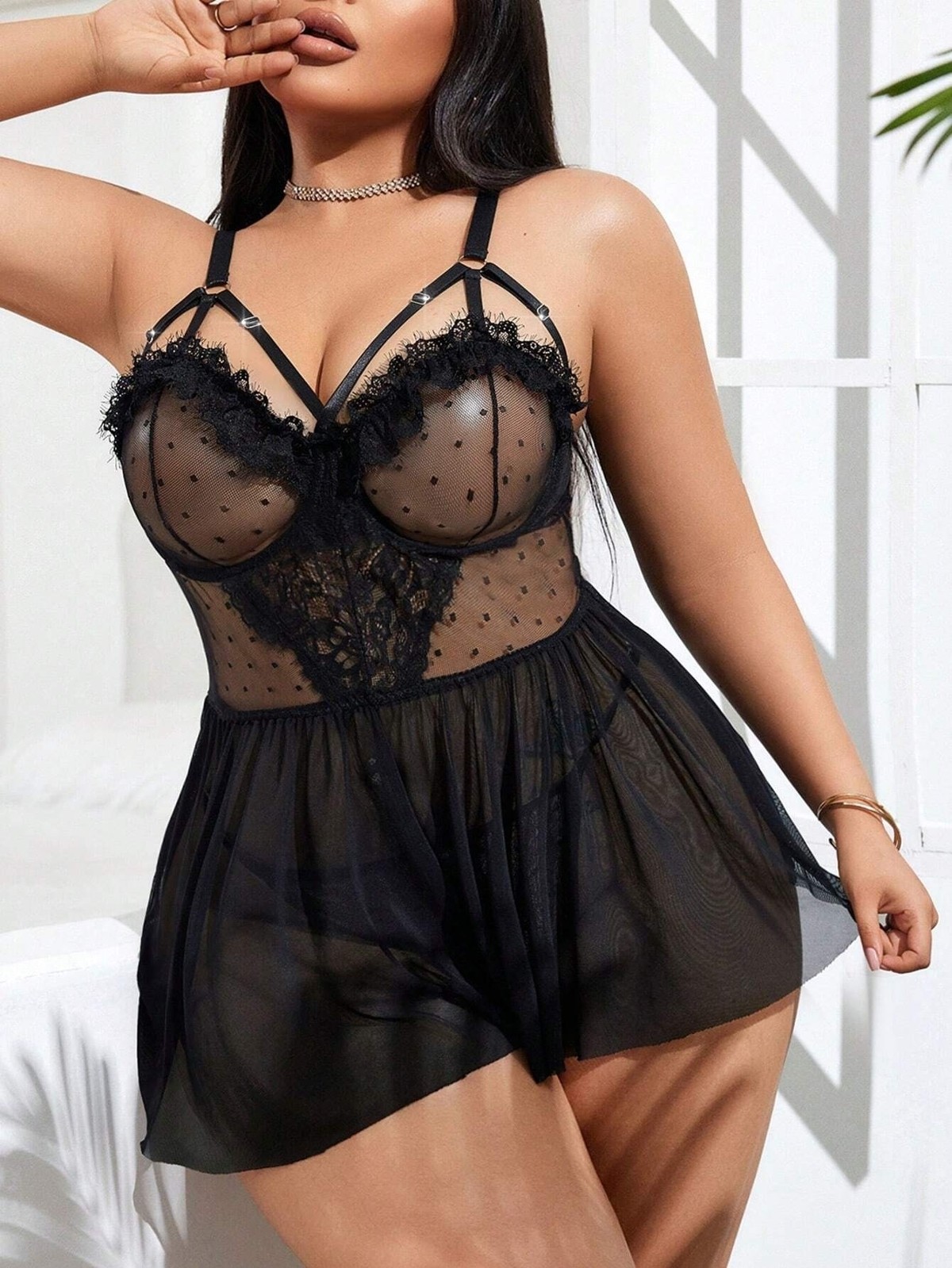 Ruselin Puantiyeli Transparan Dantelli Büyük Beden Body Ruselin 8007 - Görsel 3