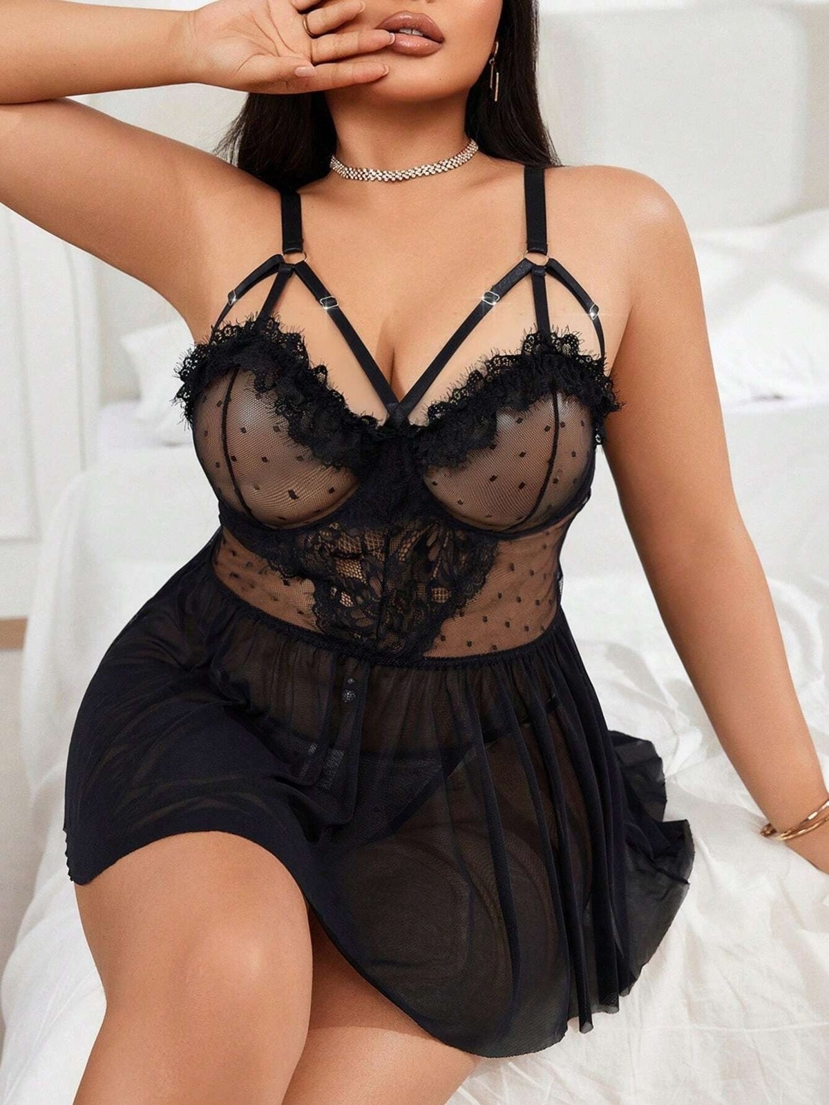 Ruselin Puantiyeli Transparan Dantelli Büyük Beden Body Ruselin 8007 - Görsel 5