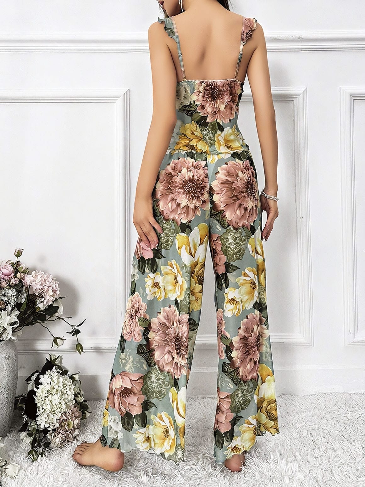 Çiçek Desenli Askılı Bluz Pantolon Takım Lila Pink Night 1453 - Yeşil