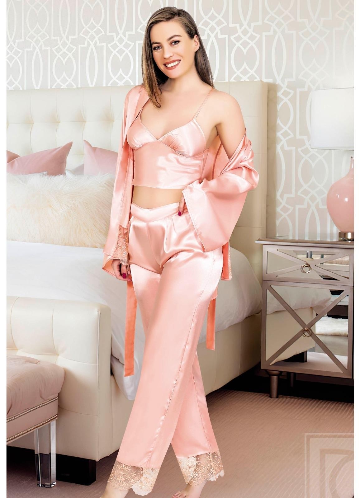 Saten Dantelli Kısa Kollu Pijama Takımı Miss Laris 5033 - Pudra