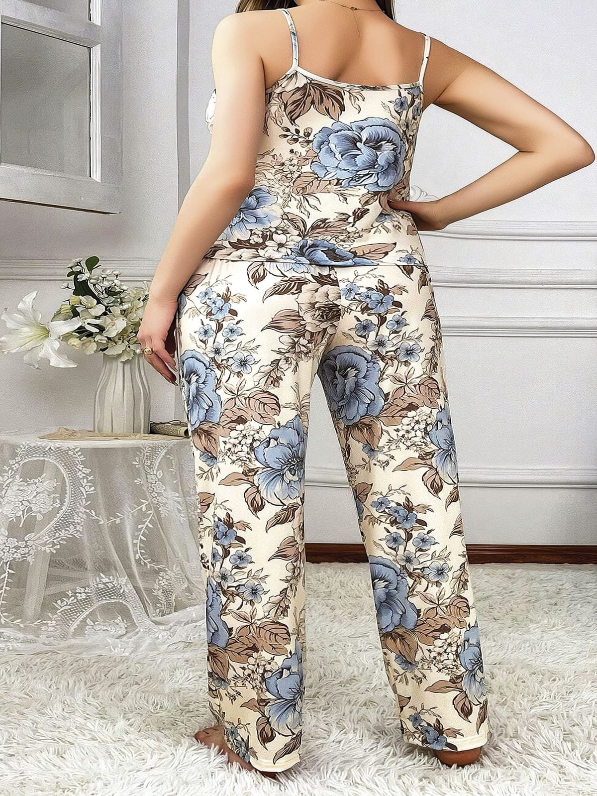 Çiçekli Saten Büyük Beden Kadın Pijama Takımı Pink Night 6906 - Ekru