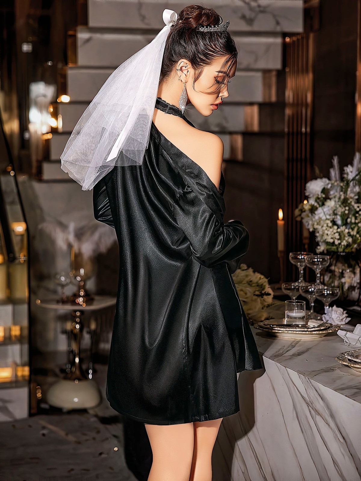 Saten Dantelli Gecelik Sabahlık Takım Siyah Pink Night 1542 - Siyah