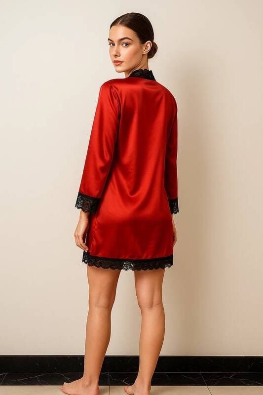 Saten ve Dantel Detaylı Sabahlık Takımı Venlisa 2600 - Kırmızı