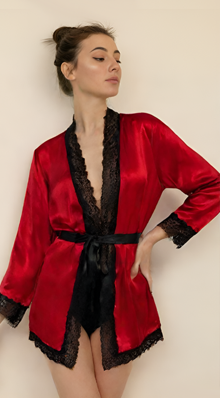 Saten ve Dantel Detaylı Sabahlık Takımı Venlisa 2600 - Kırmızı