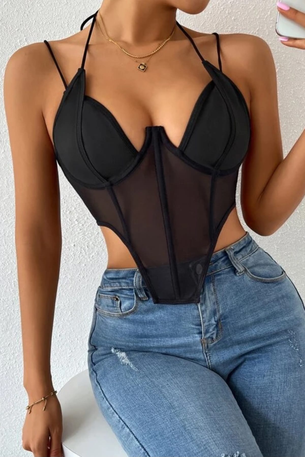 Balenli İnce Askılı Şeffaf Body Beyaz SHE 2003 - Siyah