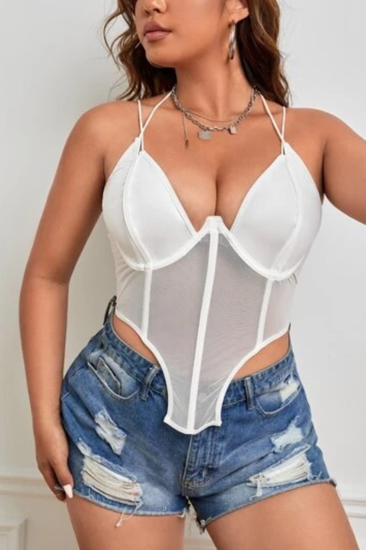 Balenli İnce Askılı Şeffaf Body Beyaz SHE 2003 - Beyaz