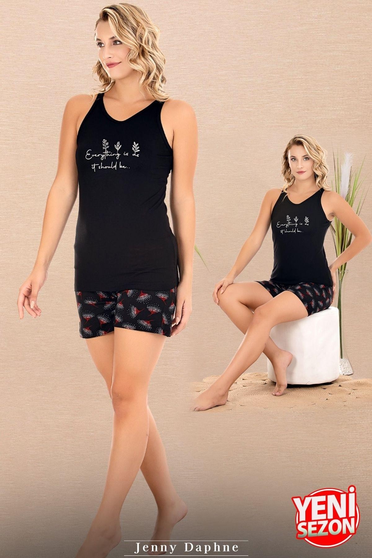 Sıfır Kollu Desenli Viskon Kumaş Şortlu Kadın Pijama Takımı Lady 7733 - Siyah