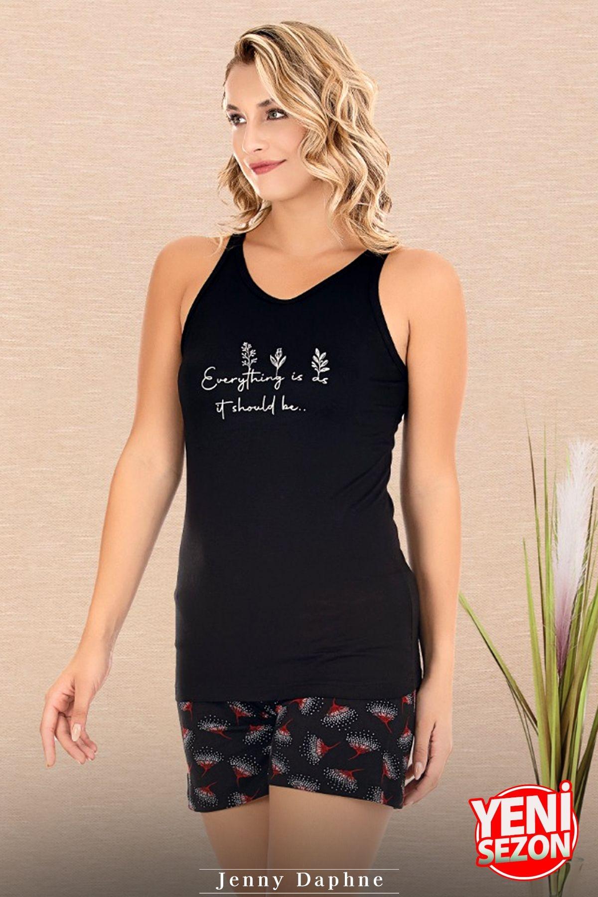 Sıfır Kollu Desenli Viskon Kumaş Şortlu Kadın Pijama Takımı Lady 7733 - Siyah