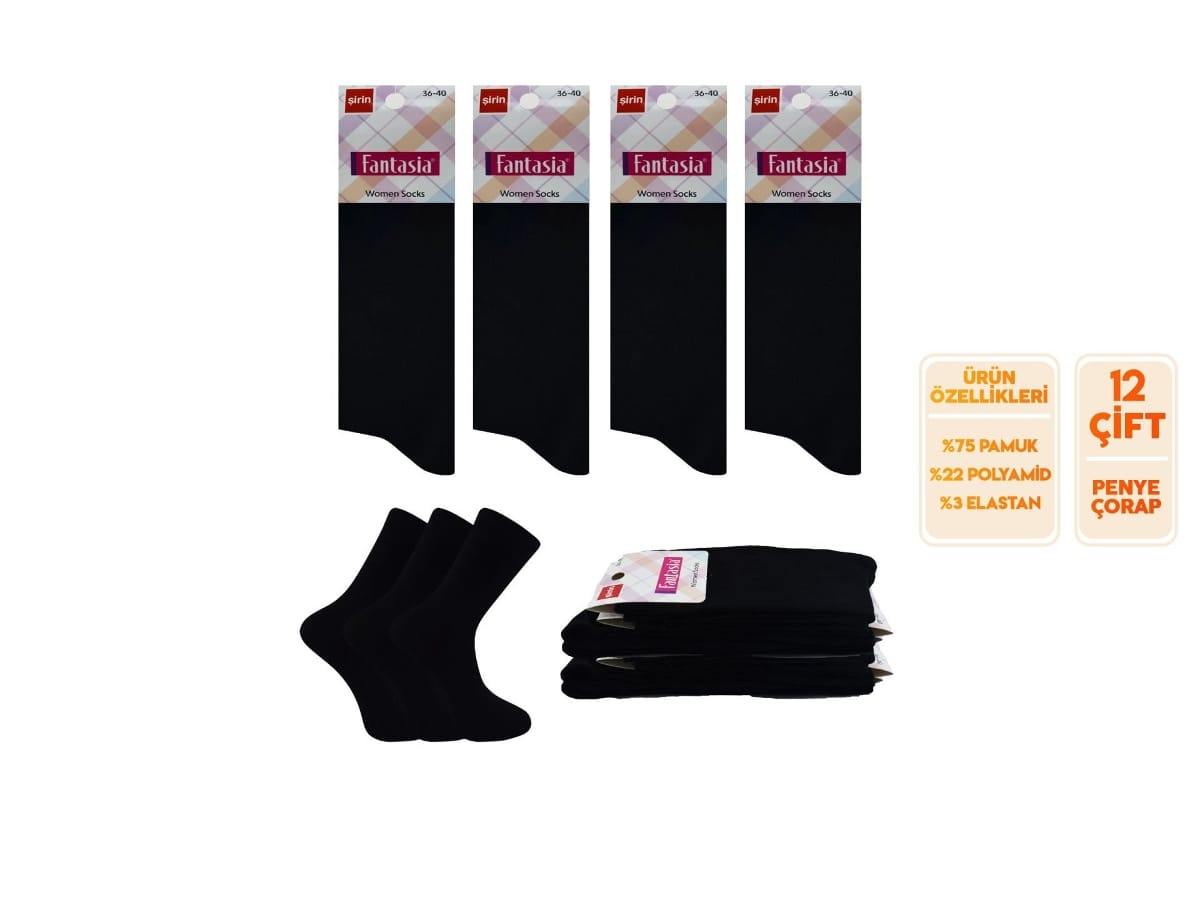 Pamuklu 12'li Kadın Soket Çorap Şirin 0640 - Düz Siyah