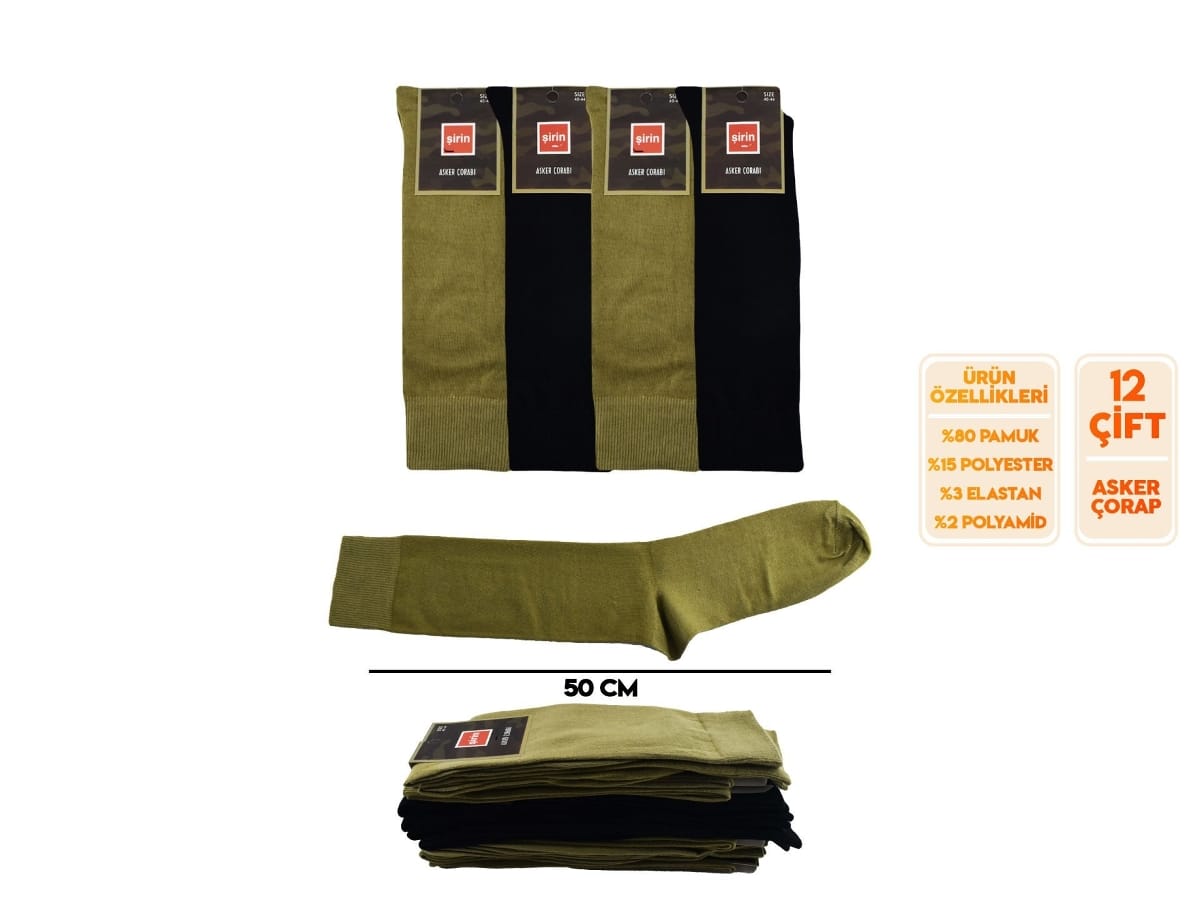 Pamuklu Ter Emici 12'li Asker Çorabı Şirin 7400 - Haki