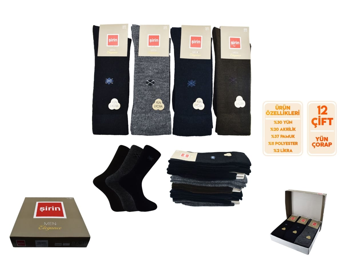 Likralı Yün Erkek Çorap 12'li Mor Şirin 8630 - Asorti