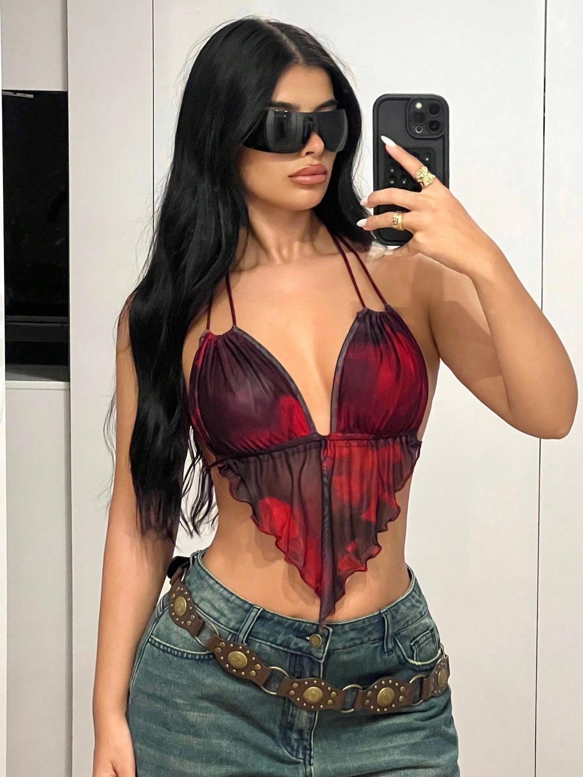 Desenli Tül Sırt Dekolteli Büstiyer Ruselin 5092 - Kırmızı