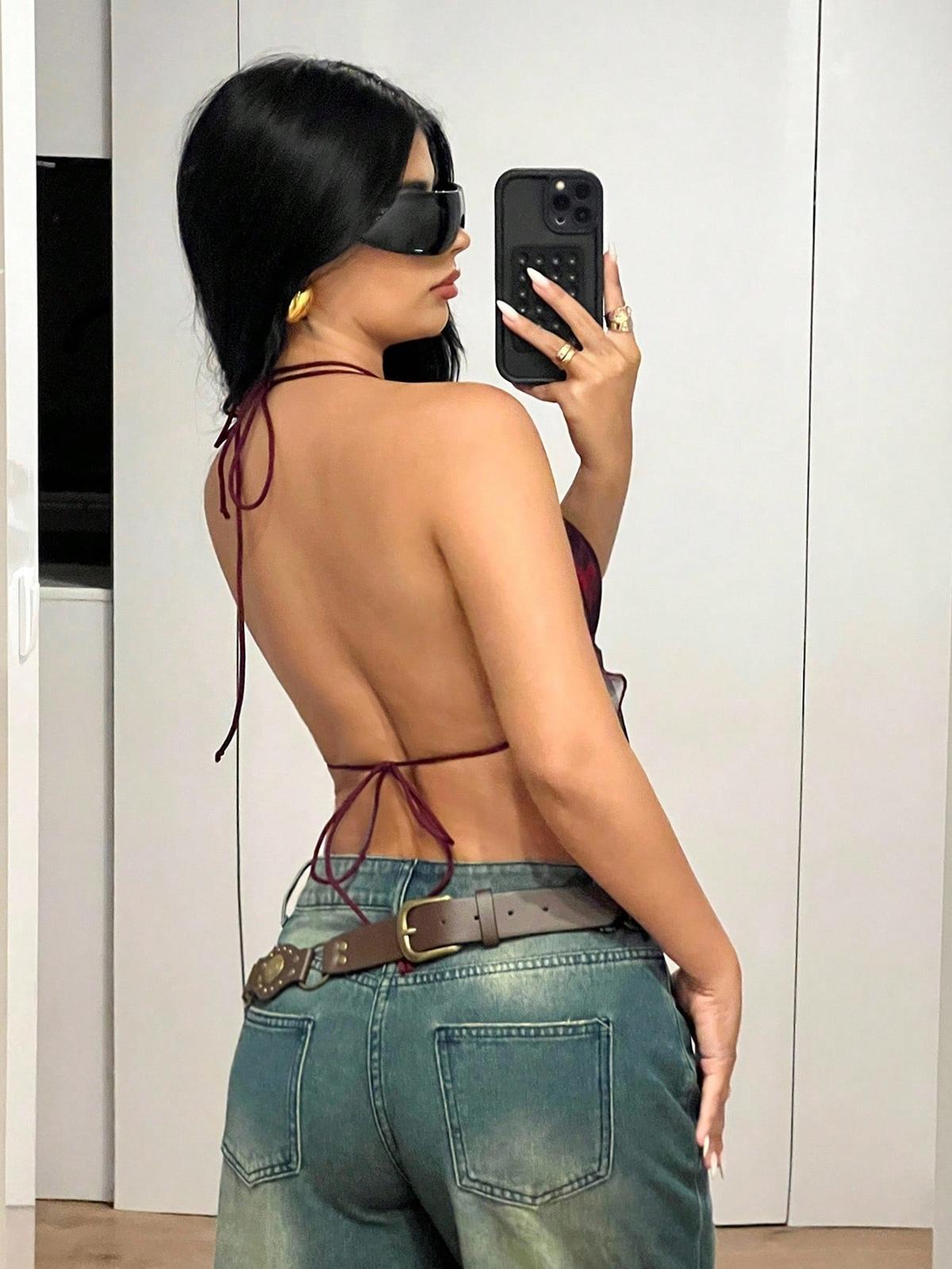 Desenli Tül Sırt Dekolteli Büstiyer Ruselin 5092 - Kırmızı