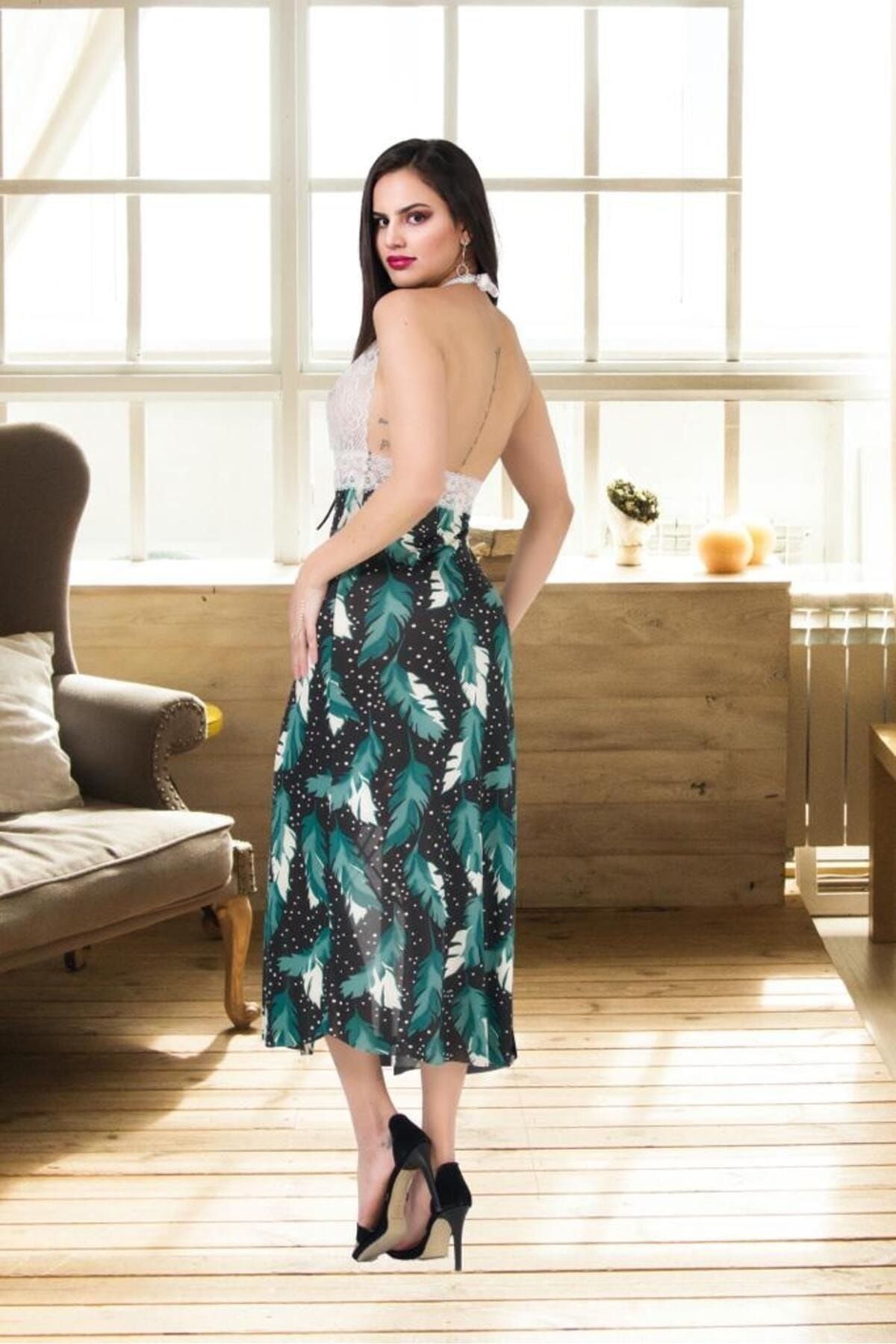 Dantelli Sırt Dekolteli Uzun Gecelik Lila İzabel 2013 - Yeşil